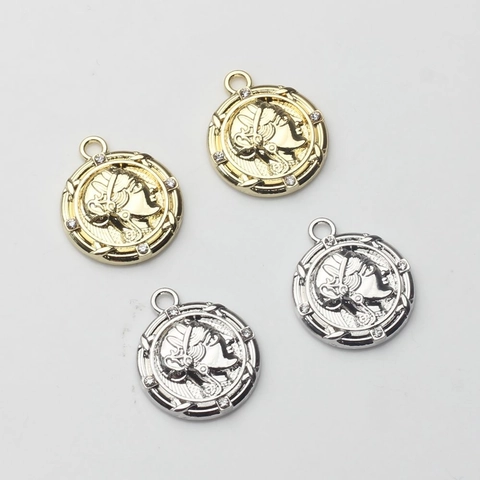 Vintage Round Portrait Coin Pendant Alloy Rhinestone Inlaid Classical Goddess Relief Charms For DIY Jewelry Making Accessories