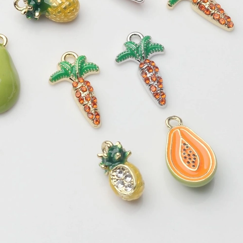 DIY Alloy Fruit Vegetable Charms Enamel Rhinestone Pineapple Papaya Carrot Pendants For Earring Necklace Jewelry Making Accessory