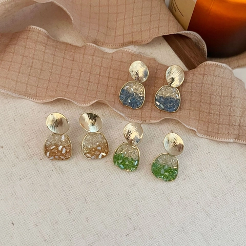 Boucles d'Oreilles Pendantes Géométriques en Or Brossé Vintage Avec Tige en Argent Sterling 925 Résine Cristal Larme Boucles d'Oreilles Femme Bijoux