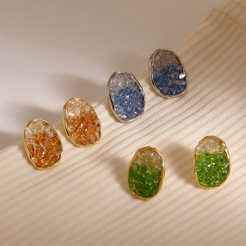 Pendientes de Botón Ovalados Irregulares Vintage Con Poste de Plata de Ley 925 Cristal Degradado Joyería de Cobre Mujer