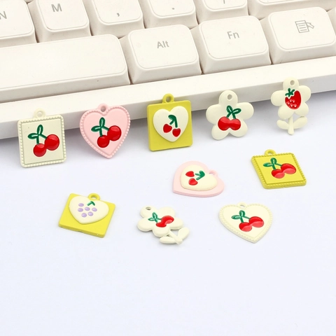 Alloy Enamel Fruit Pendants Cute Heart Square Flower Shape Cherry Strawberry Grape DIY Jewelry Making Charms For Earrings Necklace