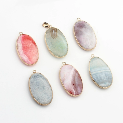 Natural Dragon Vein Agate Stone Oval Pendant Gold Plated Metal Edging DIY Jewelry Making For Necklace Earrings Women Retro Bohemian Pendant