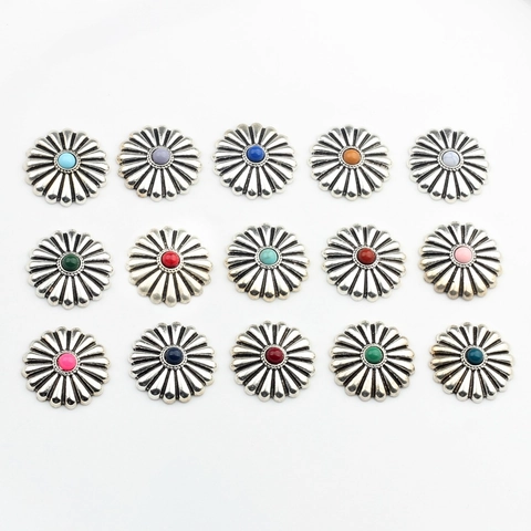 Vintage Zinc Alloy Daisy Flower Concho Decorative Buttons For DIY Jewelry Making Leather Craft Bags Multi Color Resin Inlaid Findings