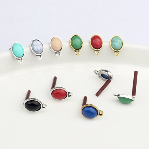 Vintage Oval Alloy Resin Earring Studs Pendants DIY Jewelry Making Findings Retro Gold Silver Earring Post For Women