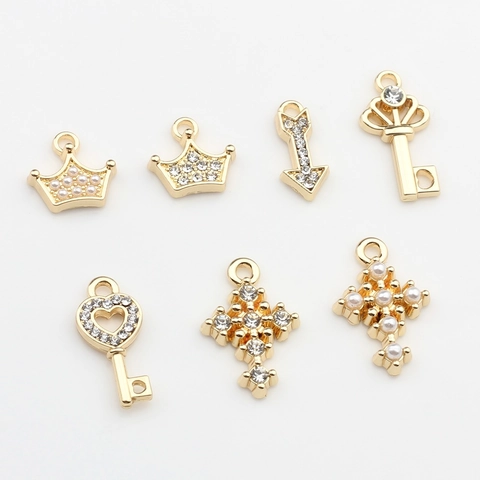 Vergoldete Legierung Strass Künstliche Perle Charms Für Schmuckherstellung DIY Krone Herz Schlüssel Kreuz Pfeil Mini Anhänger