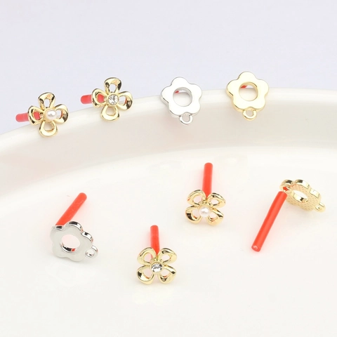 Korean Style Alloy Flower Earring Post For DIY Jewelry Making Findings With Artificial Pearl And Rhinestone Embellishments