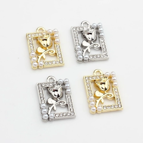 Legering Holle Roos Vierkante Hanger Met Strass Kunstparel Voor DIY Sieraden Maken Kettingen Oorbellen Goud Zilver Kleur