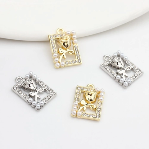 Legering Holle Roos Vierkante Hanger Met Strass Kunstparel Voor DIY Sieraden Maken Kettingen Oorbellen Goud Zilver Kleur