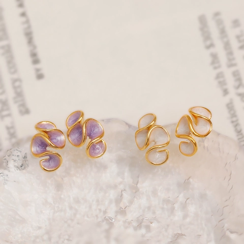 Boucles d'Oreilles Clous Fleur en Émail Avec Tige en Argent Sterling 925 Style Crème Feuille Ondulée Plaqué Or Bijoux pour Femmes