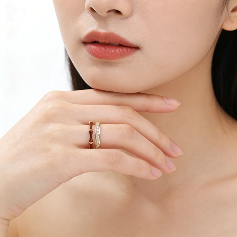 Bague Ouverte en Zircone Émaillée Double Couche Design Joint de Bambou Cuivre Plaqué Or Argent Géométrique Bague Réglable Femme