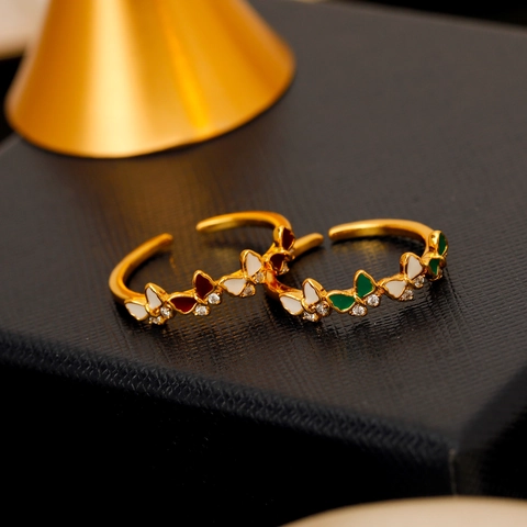 Bague Ouverte Papillon en Émail Vintage pour Femmes Cuivre Ajustable Zirconia Bijoux de Mode Cadeau