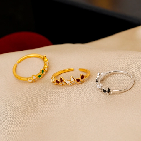 Bague Ouverte Papillon en Émail Vintage pour Femmes Cuivre Ajustable Zirconia Bijoux de Mode Cadeau