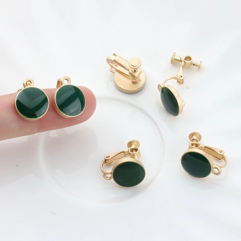 Componente per Orecchini Fai-da-te Rotondo Vintage Retrò Lega Placcata Oro Smalto Verde Convertitore Orecchino a Spirale Gioielli