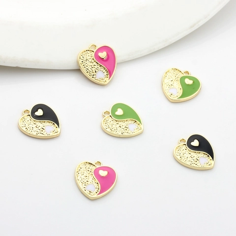 Alloy Heart Yin Yang Enamel Pendant Gold Plated Heart Charms For DIY Jewelry Making Necklace Earring Bracelet Accessory Finding