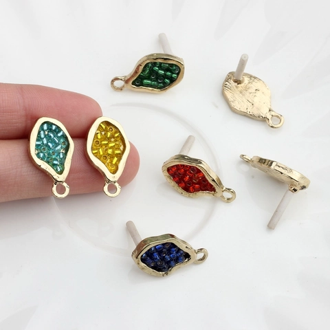 DIY Geometric Alloy Earring Findings With Glass Beads Inlaid Leaf Shape Gold Plated Earring Post For Jewelry Making Women