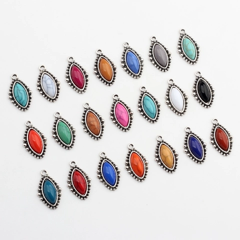 Vintage Alloy Marquise Pendant Artificial Stone Beaded Edge Antique Silver Leaf Charms For DIY Earrings Jewelry Making Women