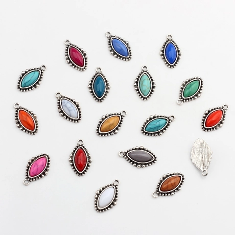Vintage Alloy Marquise Pendant Artificial Stone Beaded Edge Antique Silver Leaf Charms For DIY Earrings Jewelry Making Women