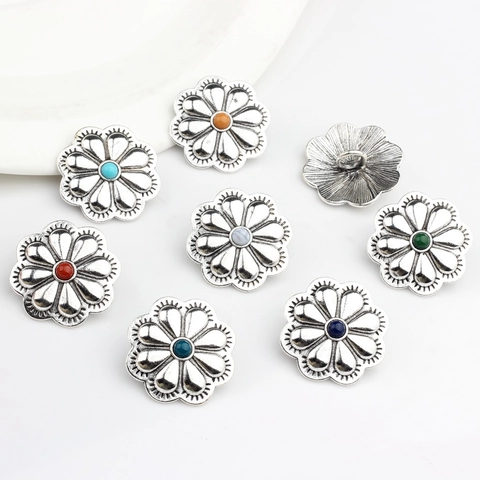 Vintage Zinc Alloy Flower Buttons For Clothing DIY Jewelry Making Antique Silver Concho Buttons With Colorful Bead Decor