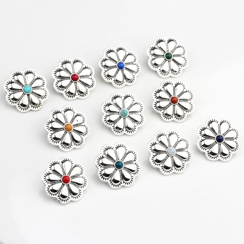 Vintage Zinc Alloy Flower Buttons For Clothing DIY Jewelry Making Antique Silver Concho Buttons With Colorful Bead Decor