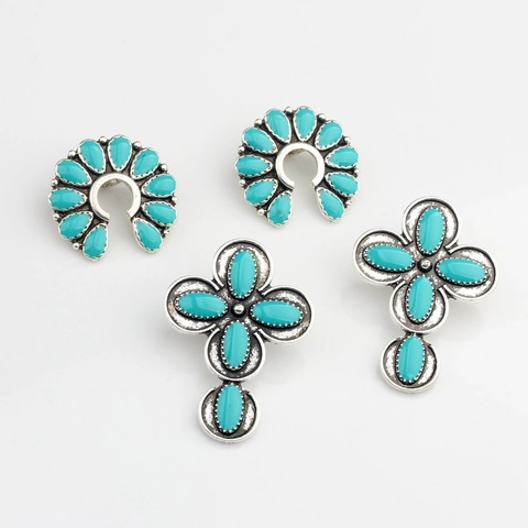 Vintage Zinc Alloy Turquoise Decorative Buttons For DIY Jewelry Making Bohemian Style Cross And Horseshoe Pattern Charms
