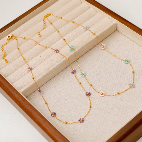 Gold Plated Copper Colorful Beaded Flower Necklace For Women Dainty Summer Clavicle Chain Sweet Floral Choker Jewelry Gift