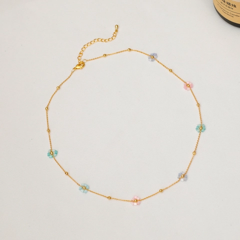 Gold Plated Copper Colorful Beaded Flower Necklace For Women Dainty Summer Clavicle Chain Sweet Floral Choker Jewelry Gift