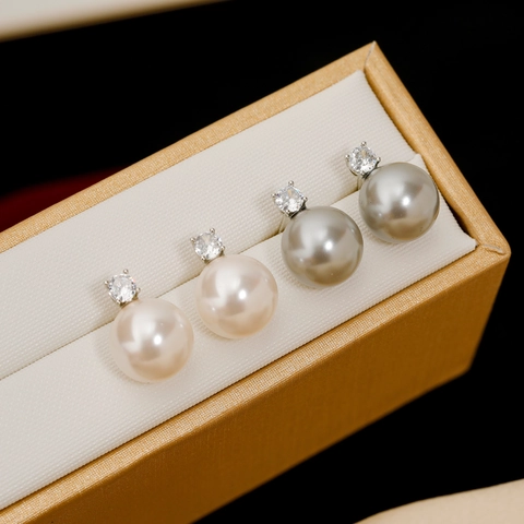 Élégantes Boucles d'Oreilles Clous en Perle Artificielle Ronde et Zirconia pour Femmes Bijoux en Cuivre avec Tige en Argent Sterling 925 Option Clip