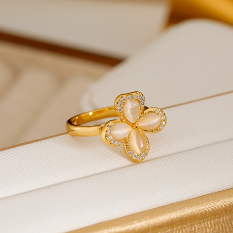 Fashion Copper Cat Eye Stone Flower Open Ring For Women Gold Silver Real Gold Plated Zirconia Inlaid Adjustable Ring Gift