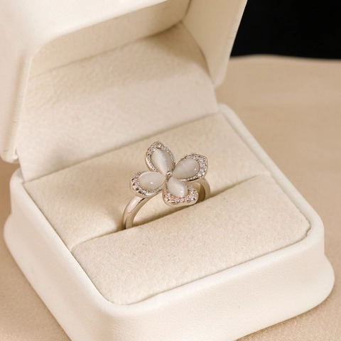 Fashion Copper Cat Eye Stone Flower Open Ring For Women Gold Silver Real Gold Plated Zirconia Inlaid Adjustable Ring Gift