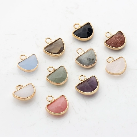 Natural Stone Fan Shape Faceted Pendant Alloy Metal Wrapped Small D-Shaped Charm For DIY Necklace Earring Jewelry Making Accessories