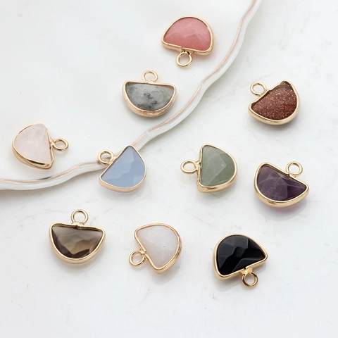 Natural Stone Fan Shape Faceted Pendant Alloy Metal Wrapped Small D-Shaped Charm For DIY Necklace Earring Jewelry Making Accessories