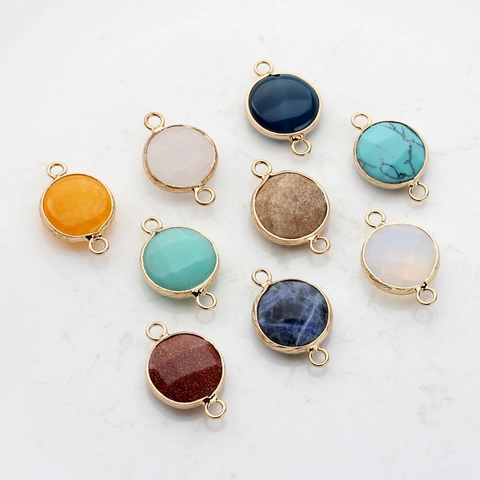Natural Stone Gold Plated Faceted Round Double Loop Connector Charm DIY Jewelry Making Findings For Necklace Earring Bracelet