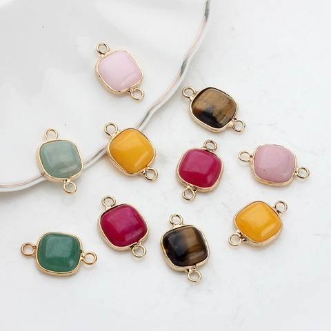 Natural Stone Square Connector Charm Gold Plated Double Loop Pendant For DIY Jewelry Making Necklaces Bracelets Findings