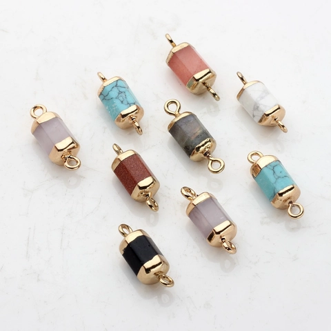 Natural Stone Hexagonal Cylinder Double Loop Connector Pendant Gold Plated Alloy Edging For DIY Handmade Jewelry Accessories