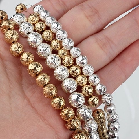 Electroplated Natural Lava Stone Round Beads For DIY Jewelry Making Bracelet Accessories Gold Silver Plated Lava Rock Metallic Finish Beads