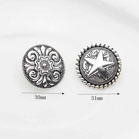 Vintage Zinc Alloy Metal Shank Buttons Star Floral Pattern Antique Silver Embossed Pendants For DIY Jewelry Making Crafts