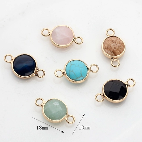 Round Natural Stone Crystal Connectors With Double Loops Gold Plated Alloy Edging For DIY Bracelet Necklace Jewelry Making
