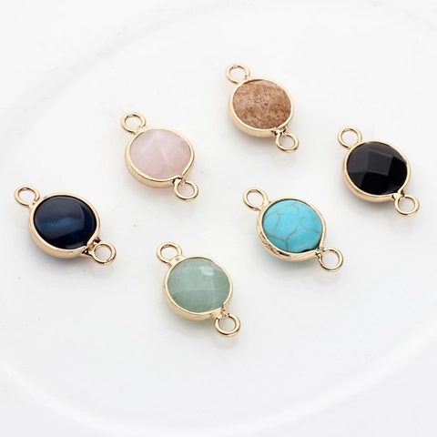 Round Natural Stone Crystal Connectors With Double Loops Gold Plated Alloy Edging For DIY Bracelet Necklace Jewelry Making
