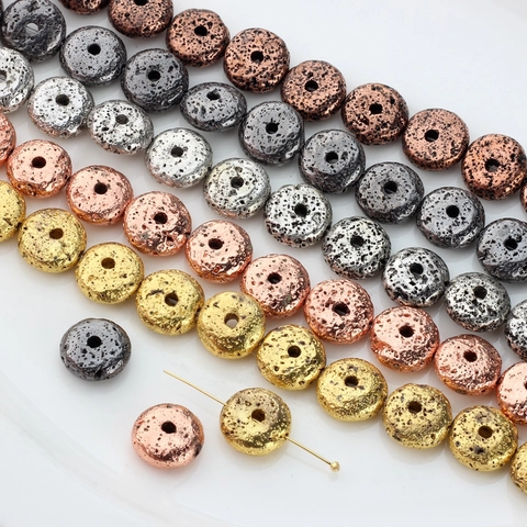 Electroplated Lava Stone Loose Beads Circle Disk Shape Natural Volcanic Rock Spacer Beads For DIY Jewelry Making Bracelet Necklace Accessories