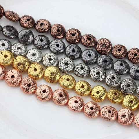 Electroplated Lava Stone Loose Beads Circle Disk Shape Natural Volcanic Rock Spacer Beads For DIY Jewelry Making Bracelet Necklace Accessories