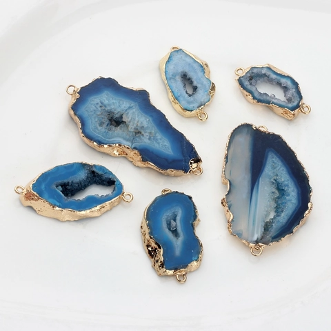 Natural Agate Druzy Geode Pendant Connector Gold Plated Edge Blue Irregular Stone Slice For DIY Jewelry Making Findings