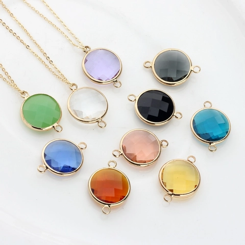 Round Crystal Faceted Pendant With Copper Gold Edging Double Loop Connector For DIY Earring Bracelet Necklace Jewelry Making