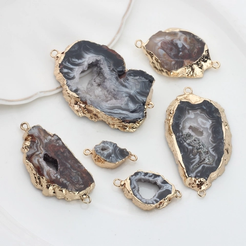 Natural Agate Geode Druzy Slice Pendants Gold Plated Metal Edging Connectors For DIY Jewelry Making Bohemian Style Findings