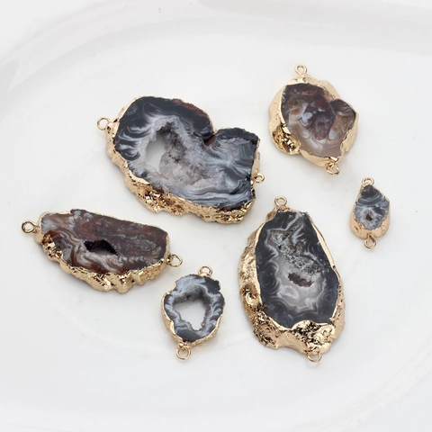 Natural Agate Geode Druzy Slice Pendants Gold Plated Metal Edging Connectors For DIY Jewelry Making Bohemian Style Findings