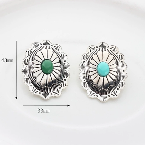 Vintage Alloy Oval Sunflower Engraved Concho Decorative Accessory Bohemian Western Style Resin Inlaid Jewelry Making Finding