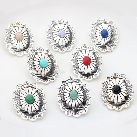 Vintage Alloy Oval Sunflower Engraved Concho Decorative Accessory Bohemian Western Style Resin Inlaid Jewelry Making Finding