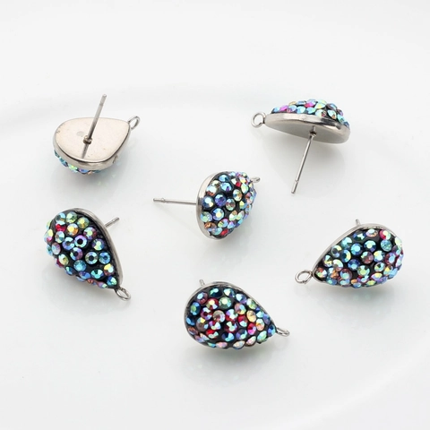 Edelstahl Wassertropfen Ohrstecker Mit AB Farbe Strass Eingelegt Polymerton Handgefertigt DIY Schmuckherstellung Zubehör