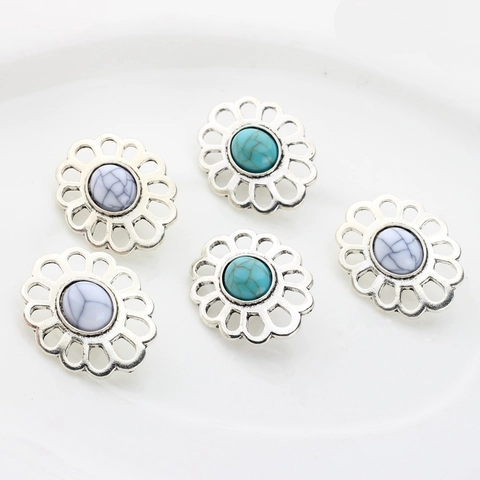 Vintage Alloy Hollow Flower Shank Buttons Bohemian Turquoise Marble Style Decorative DIY Jewelry Making Crafts Findings