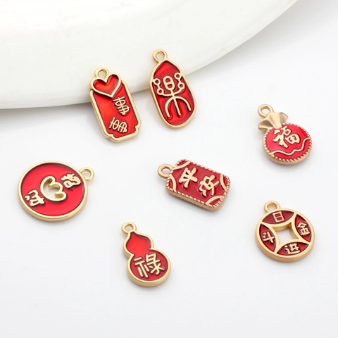 Zinc Alloy Auspicious Word Pendants For Jewelry Making Chinese Style Enamel Gourd Fortune Bag Coin Charms DIY Findings