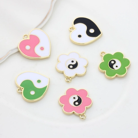 Vintage Zinc Alloy Tai Chi Heart Flower Pendant Findings Enamel Drip Oil Charms For DIY Earring Jewelry Making Accessories